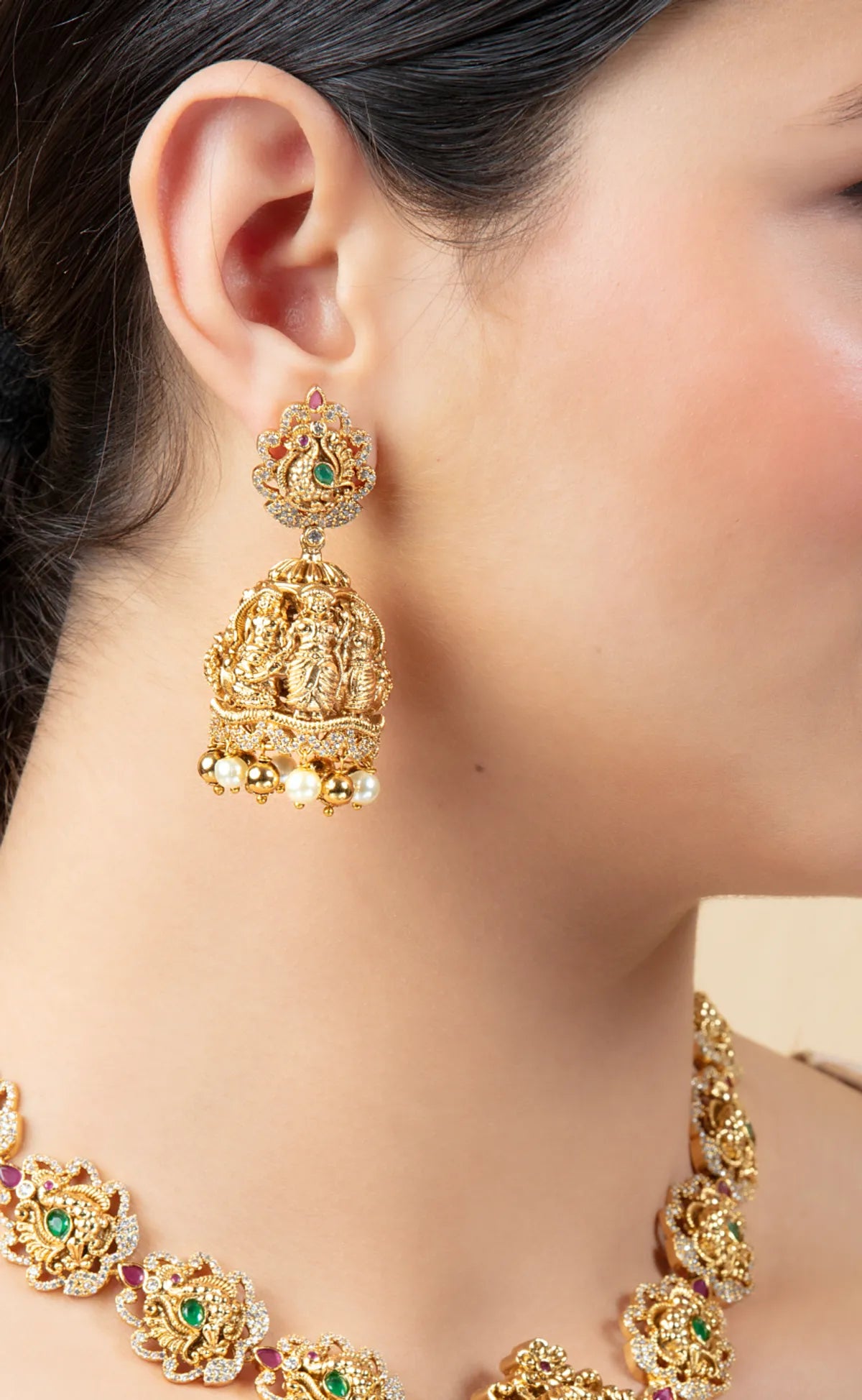 Ram Darbar Temple Jewelry Set with Jhumkas | Gold Finish