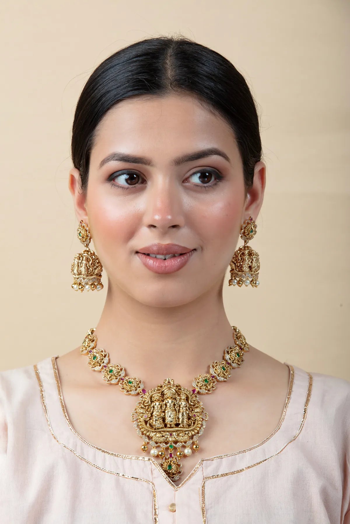 Ram Darbar Temple Jewelry Set with Jhumkas | Gold Finish