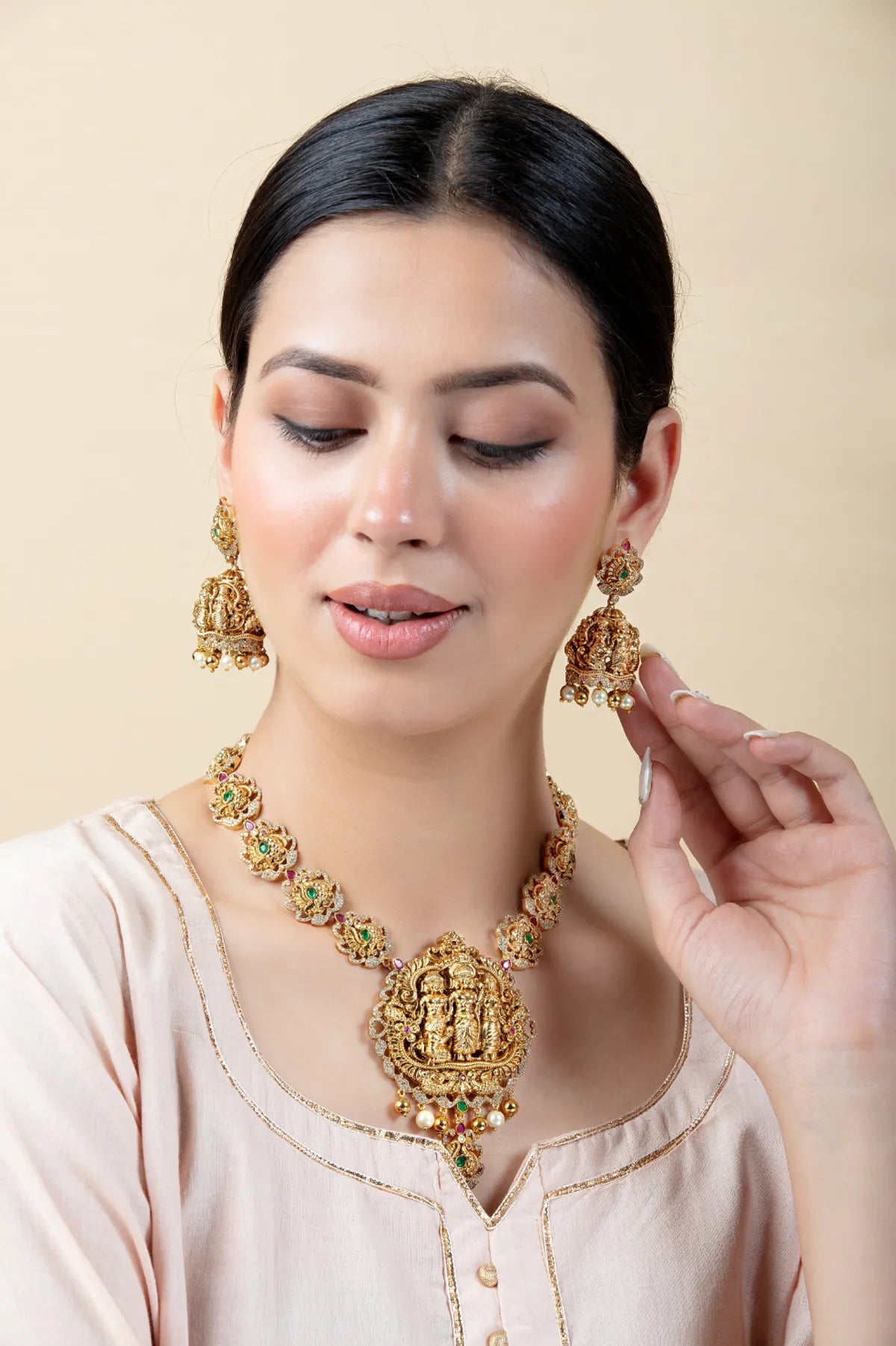 Ram Darbar Temple Jewelry Set with Jhumkas | Gold Finish