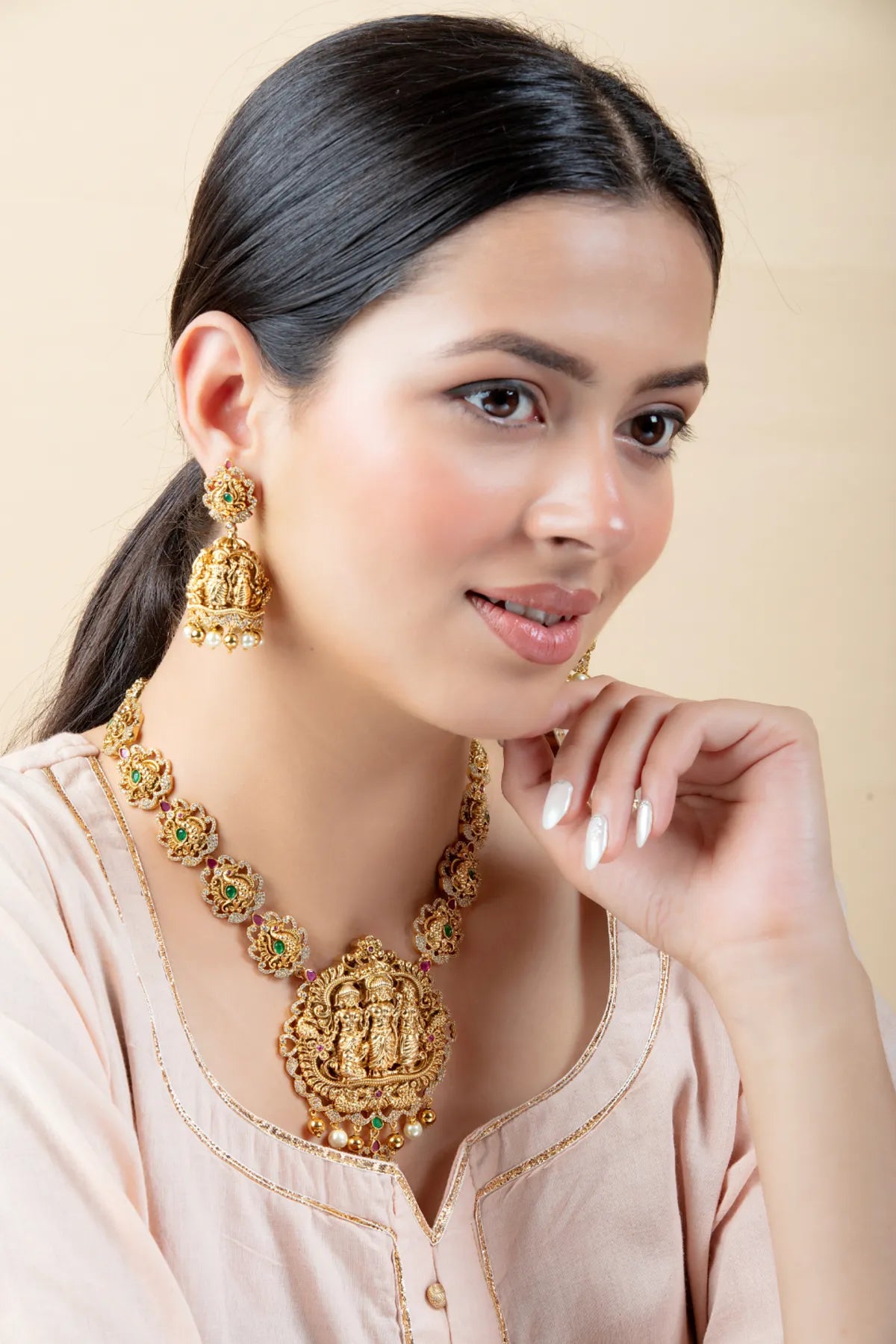 Ram Darbar Temple Jewelry Set with Jhumkas | Gold Finish