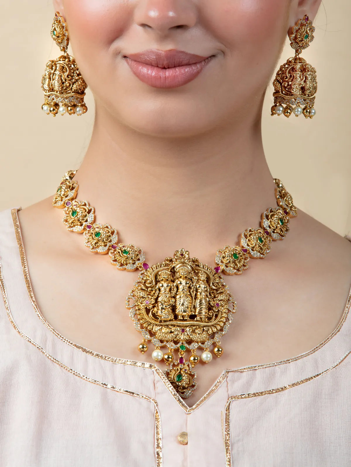 Ram Darbar Temple Jewelry Set with Jhumkas | Gold Finish