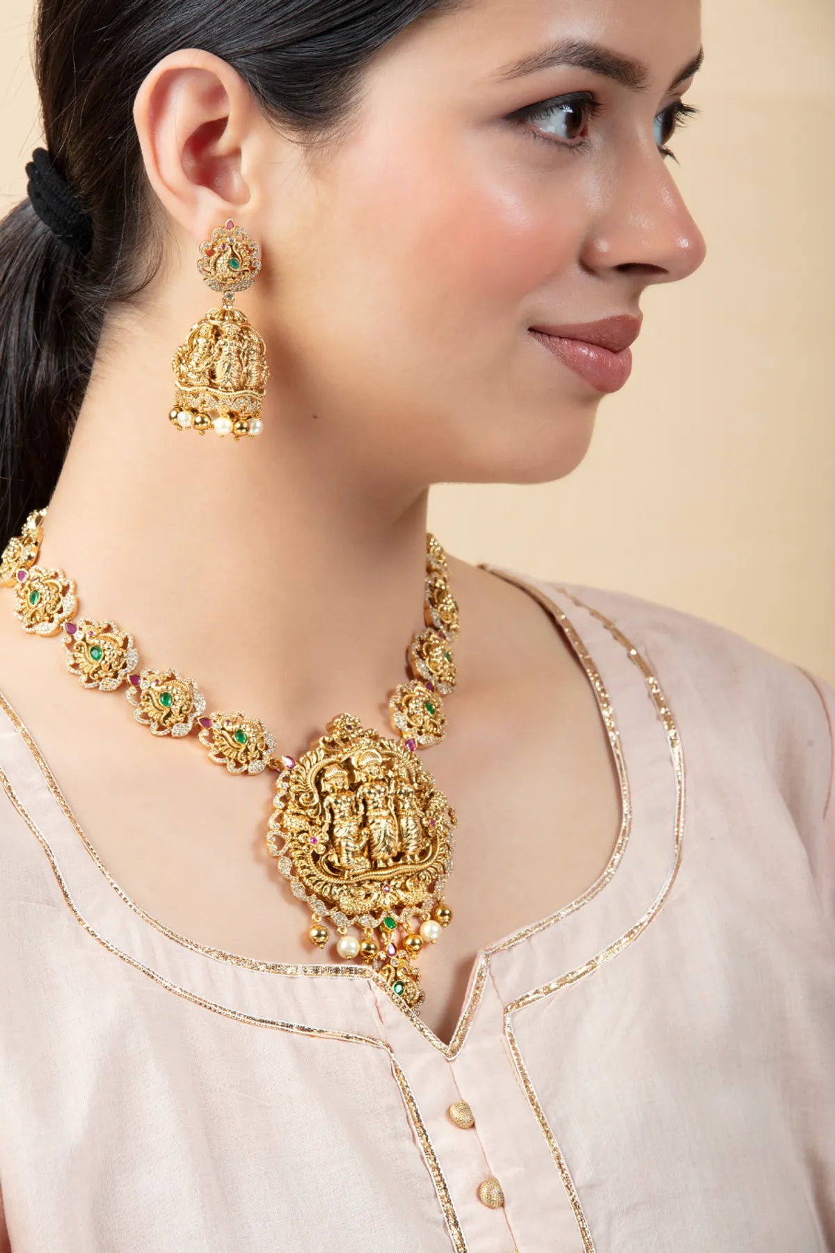 Ram Darbar Temple Jewelry Set with Jhumkas | Gold Finish