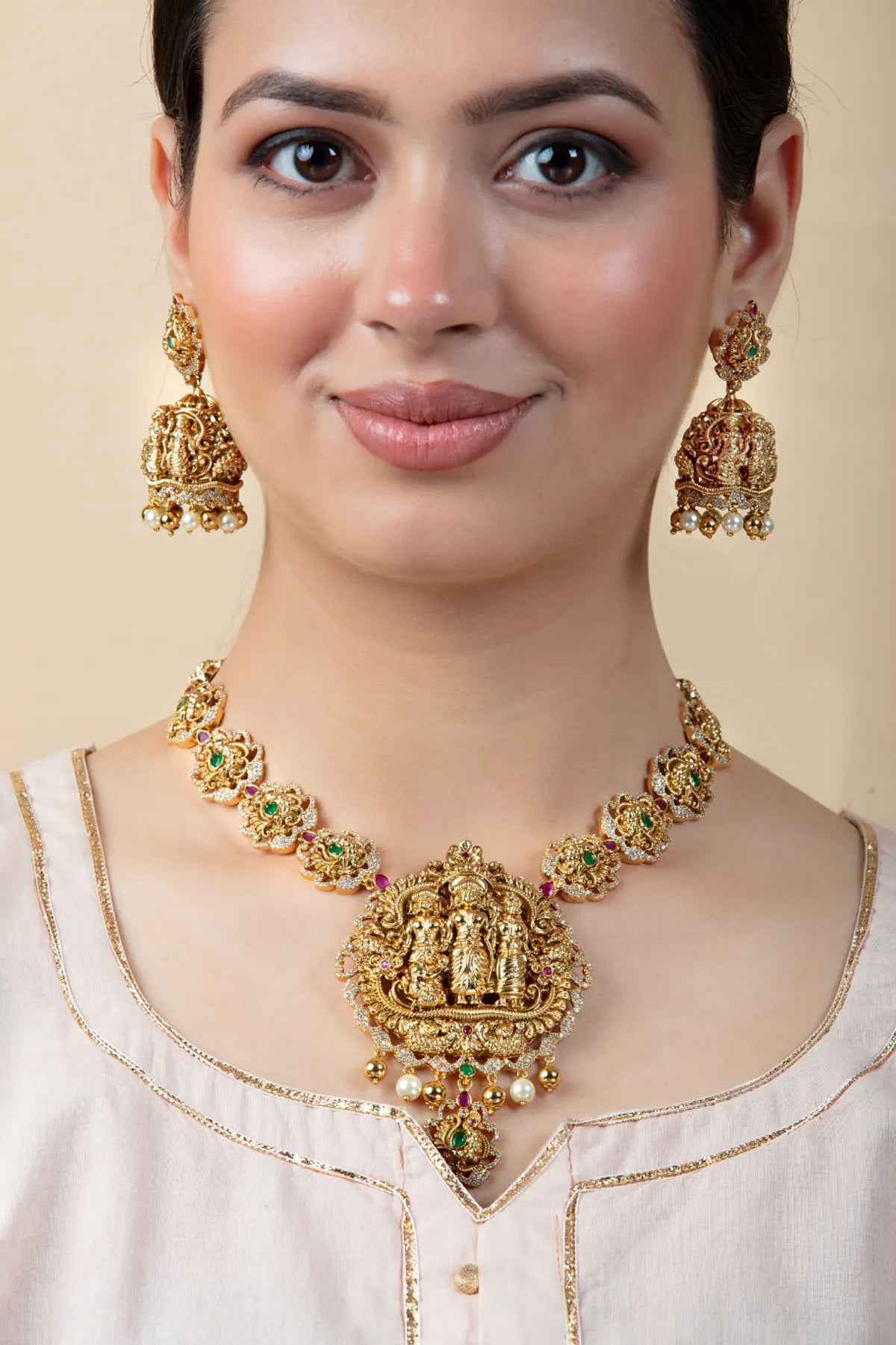 Ram Darbar Temple Jewelry Set with Jhumkas | Gold Finish