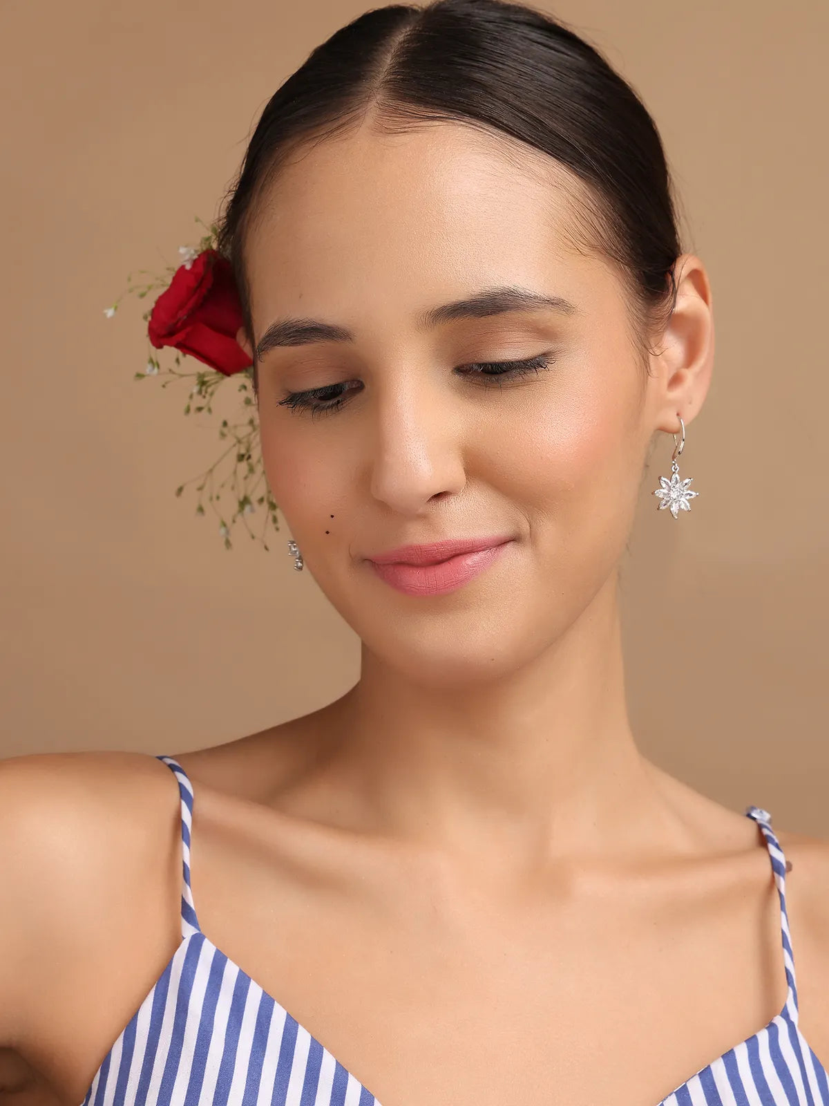 Silver Floral Drop Earrings with Petal Design | Lightweight Daily Wear