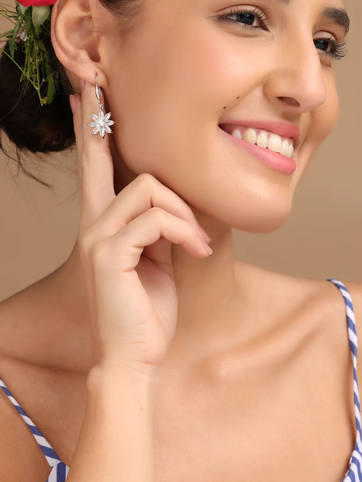Silver Floral Drop Earrings with Petal Design | Lightweight Daily Wear
