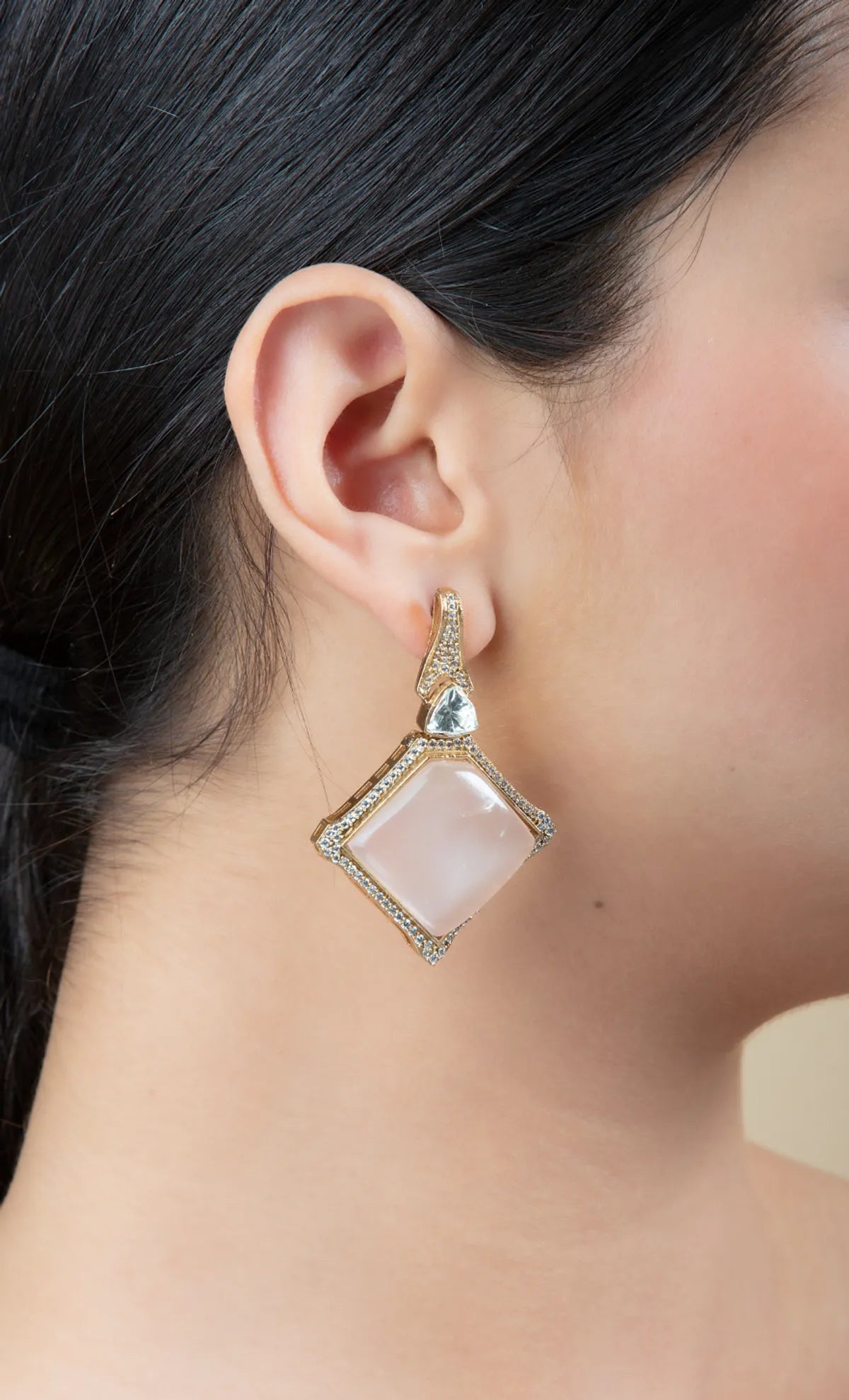 Peach Pink Square Earrings | Stone Border, Gold Finish