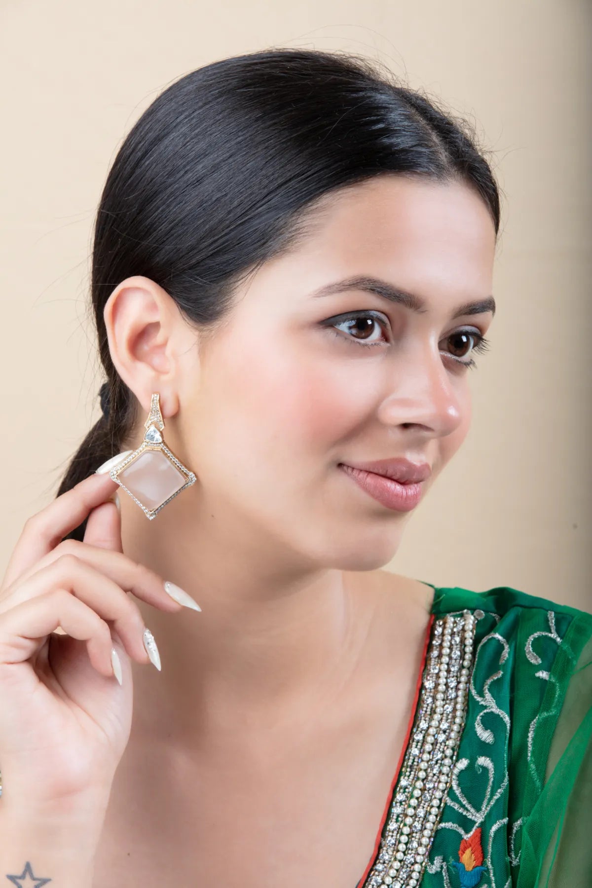 Peach Pink Square Earrings | Stone Border, Gold Finish