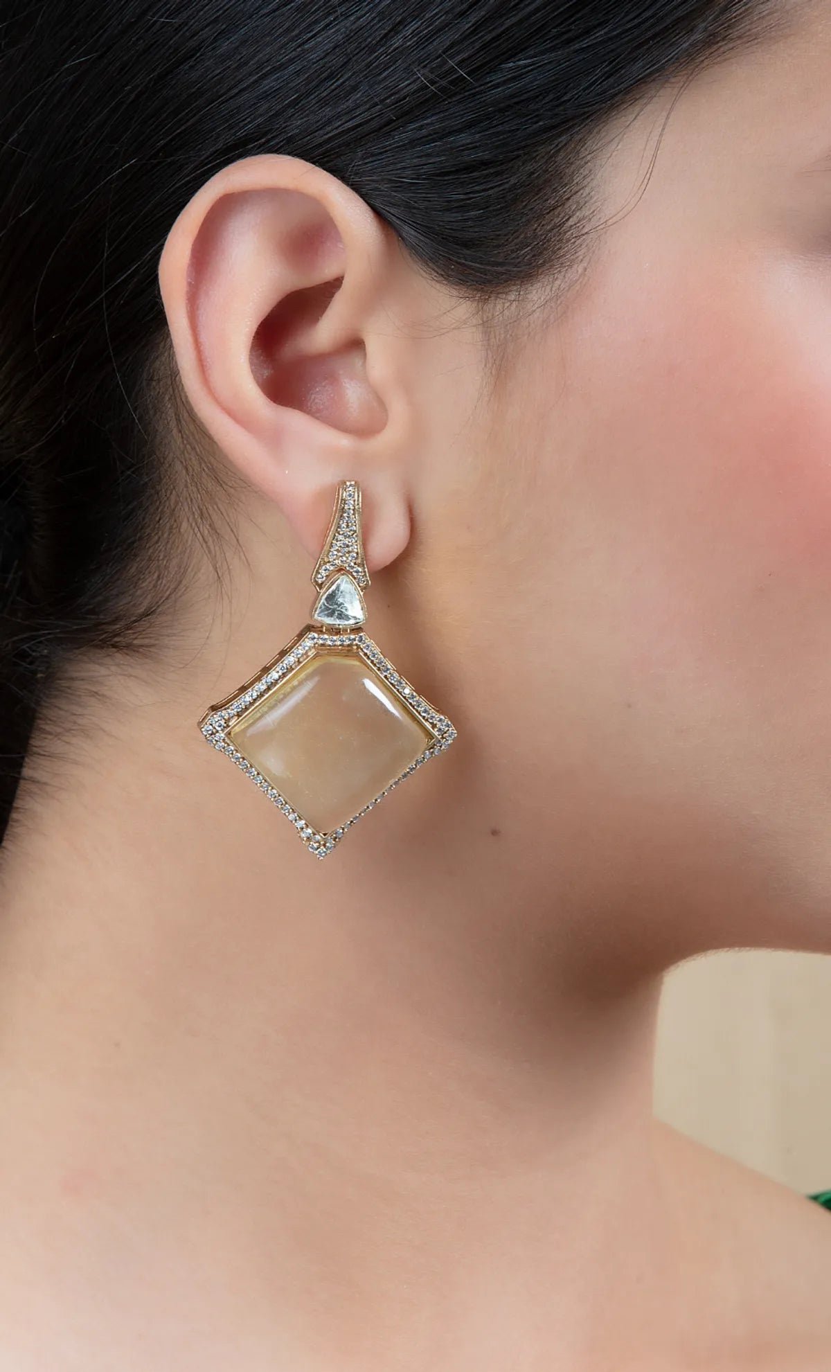 Light Brown Square Drop Earrings | Stone Border, Gold Finish