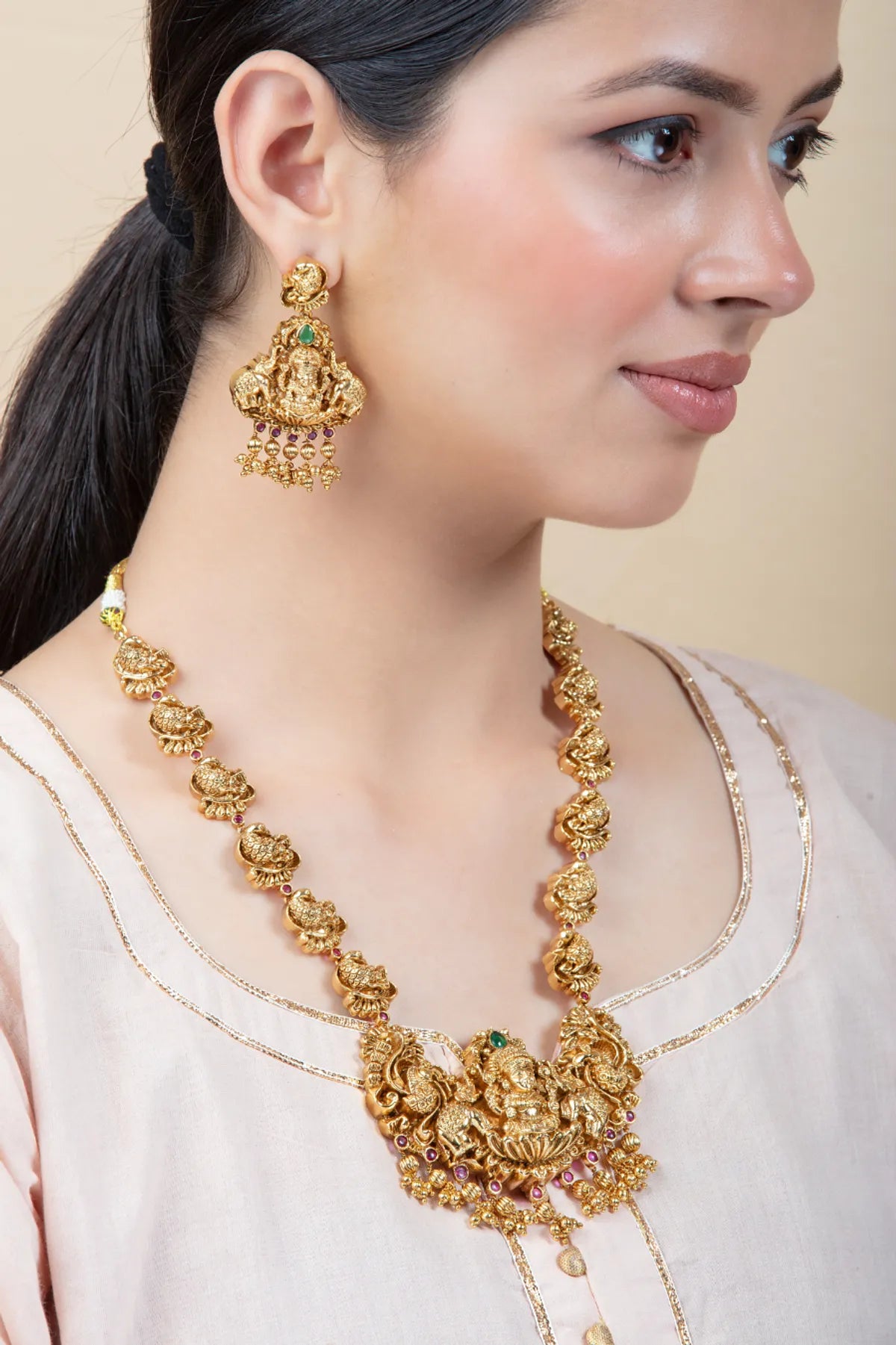 Temple Necklace Set with Lakshmi Earrings & Pearl Drops | Gold Finish