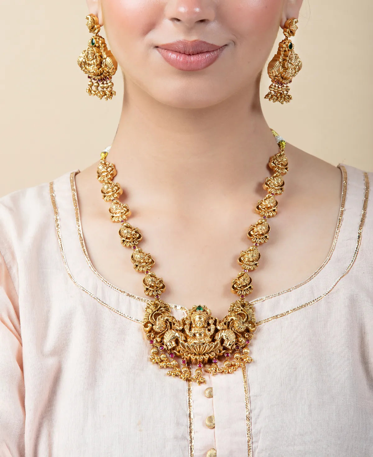 Temple Necklace Set with Lakshmi Earrings & Pearl Drops | Gold Finish