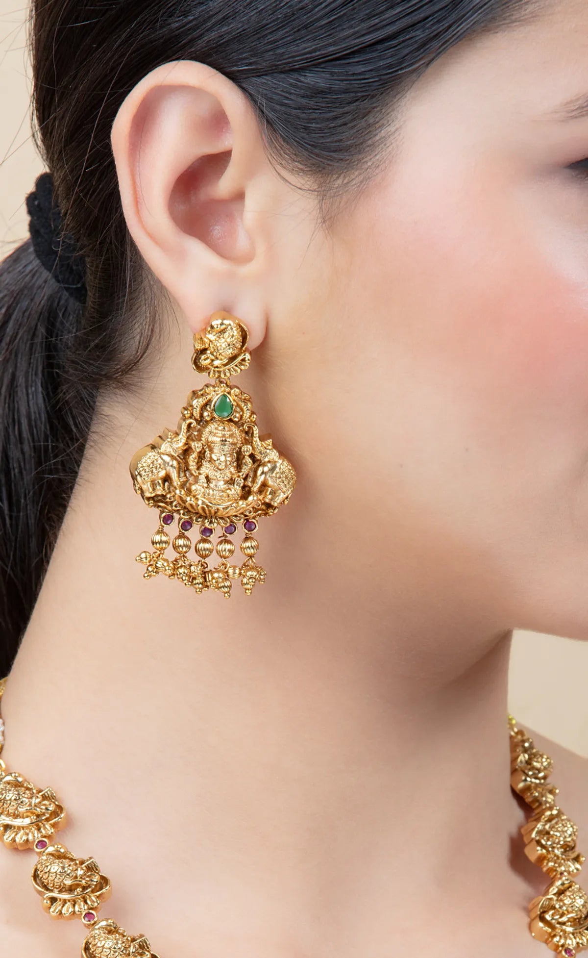 Temple Necklace Set with Lakshmi Earrings & Pearl Drops | Gold Finish