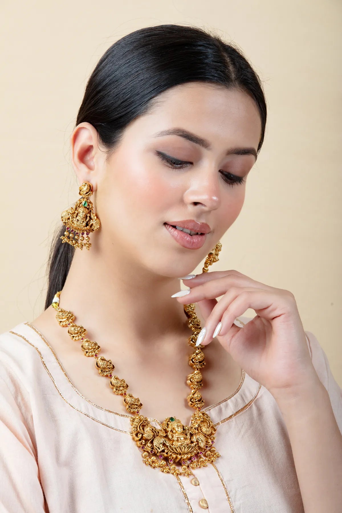 Temple Necklace Set with Lakshmi Earrings & Pearl Drops | Gold Finish