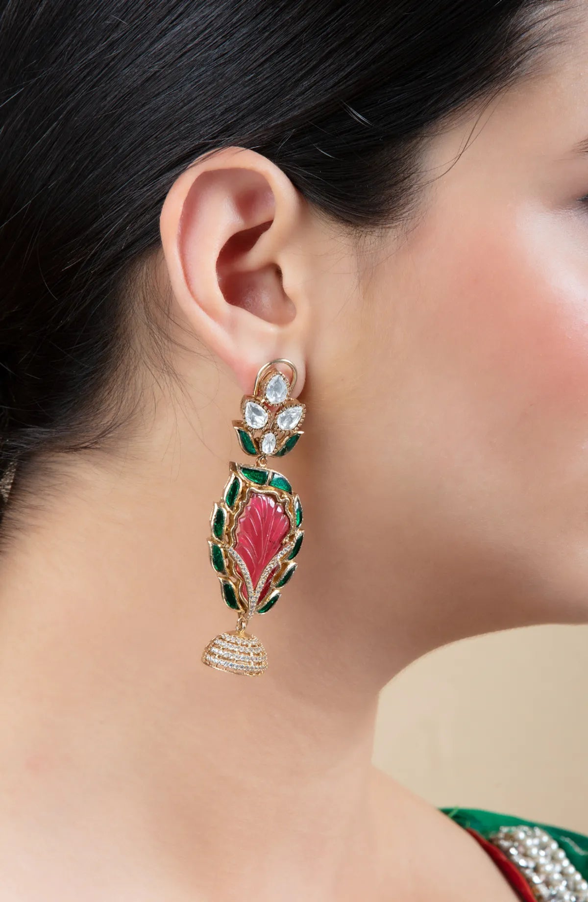 Red Floral Enamel Jhumka Earrings | Festive & Lightweight