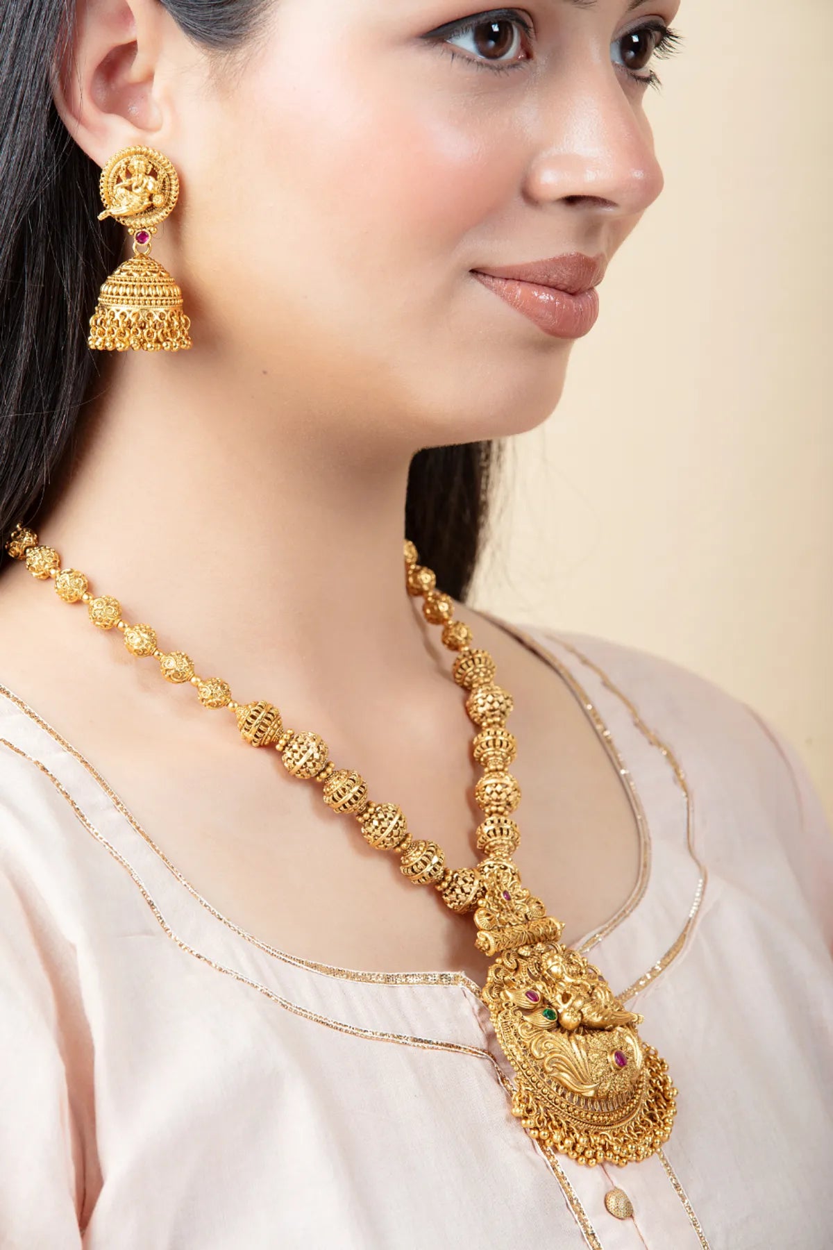 Gold Chariot Necklace Set with Long Earrings | Temple Style Jewelry