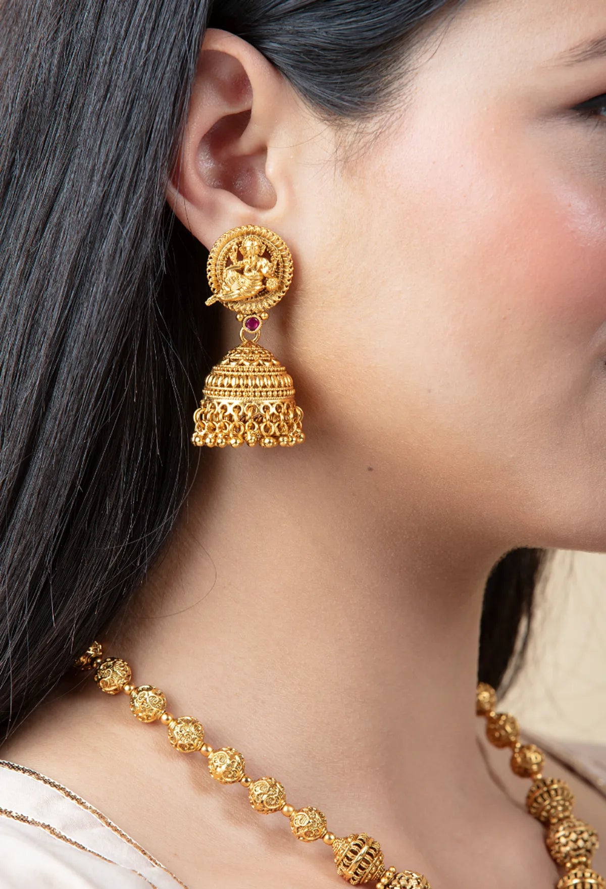 Gold Chariot Necklace Set with Long Earrings | Temple Style Jewelry