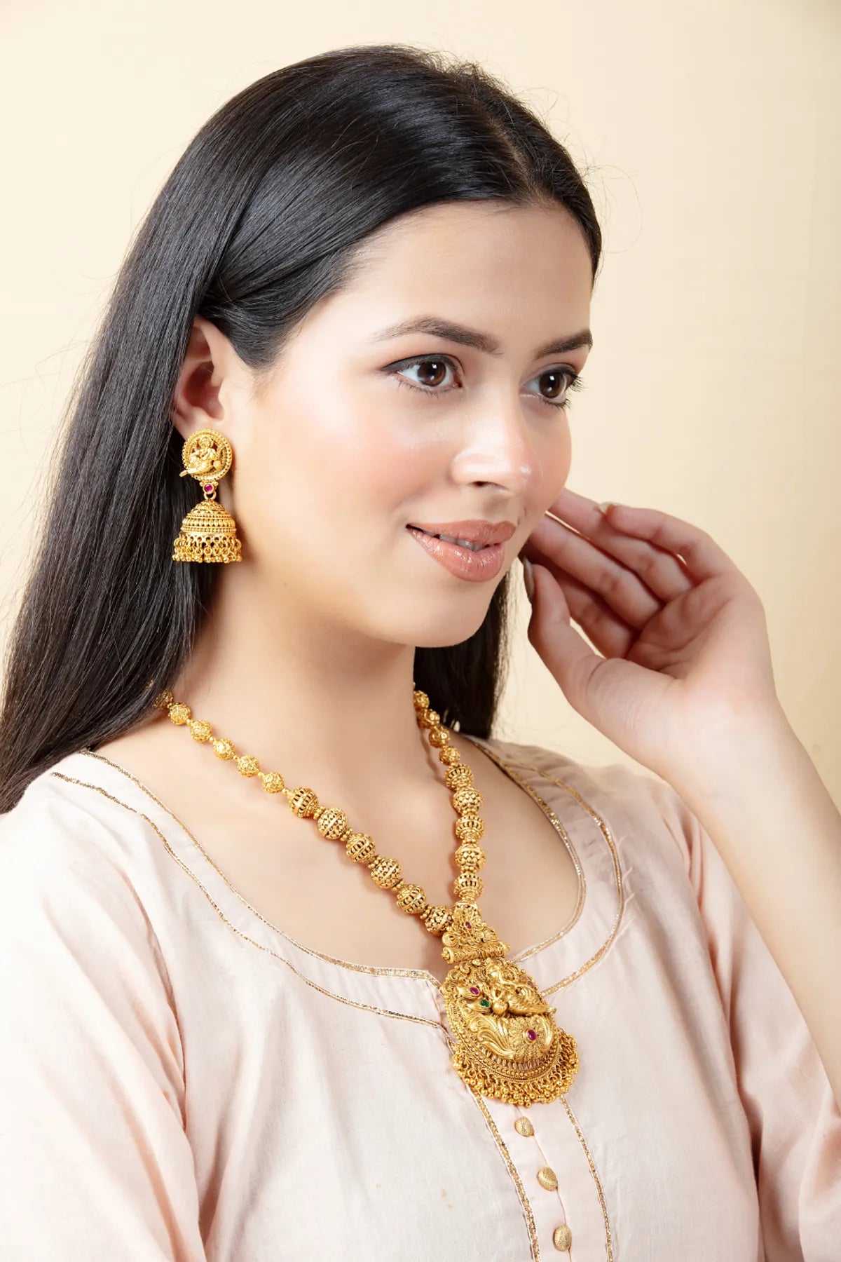 Gold Chariot Necklace Set with Long Earrings | Temple Style Jewelry