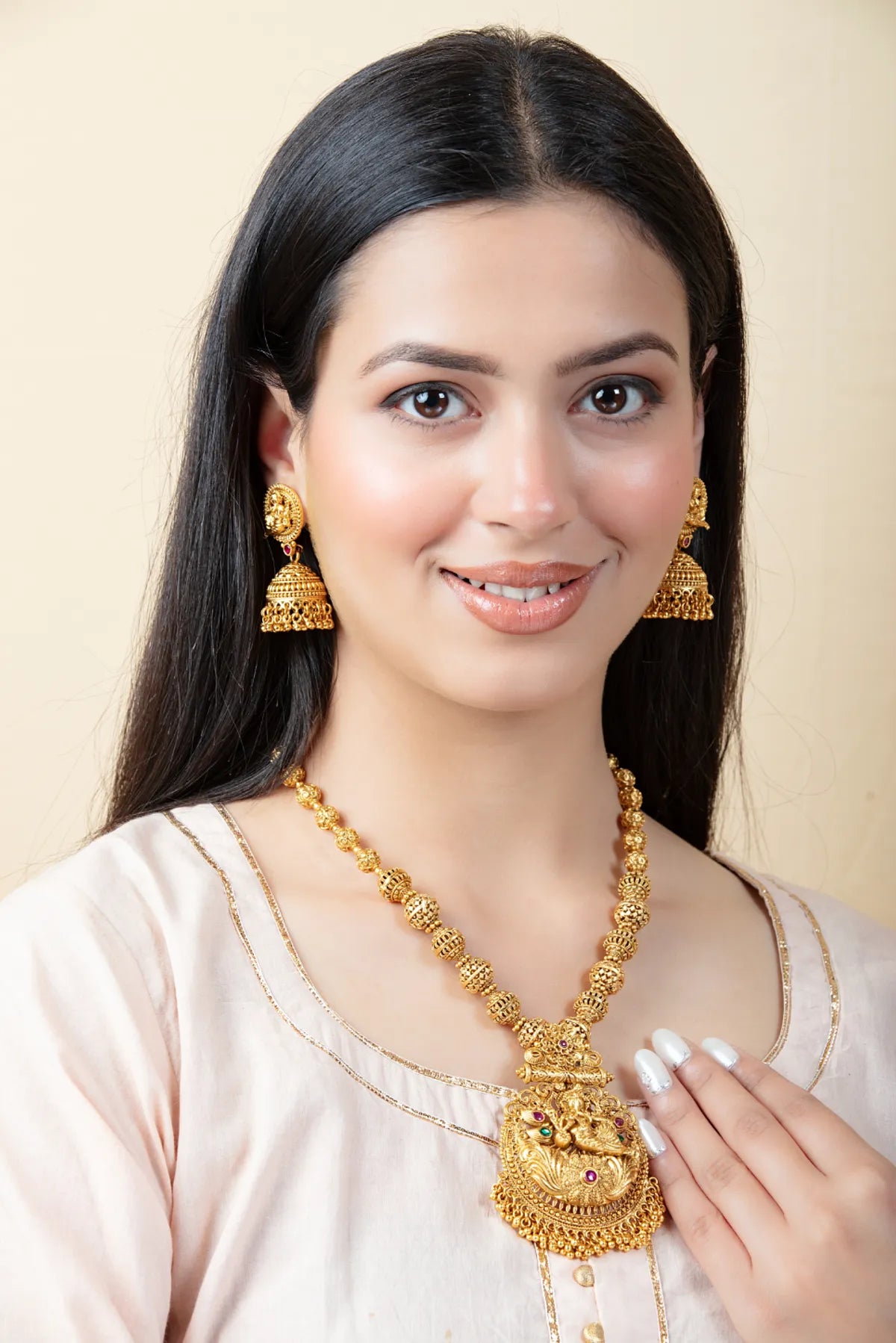 Gold Chariot Necklace Set with Long Earrings | Temple Style Jewelry