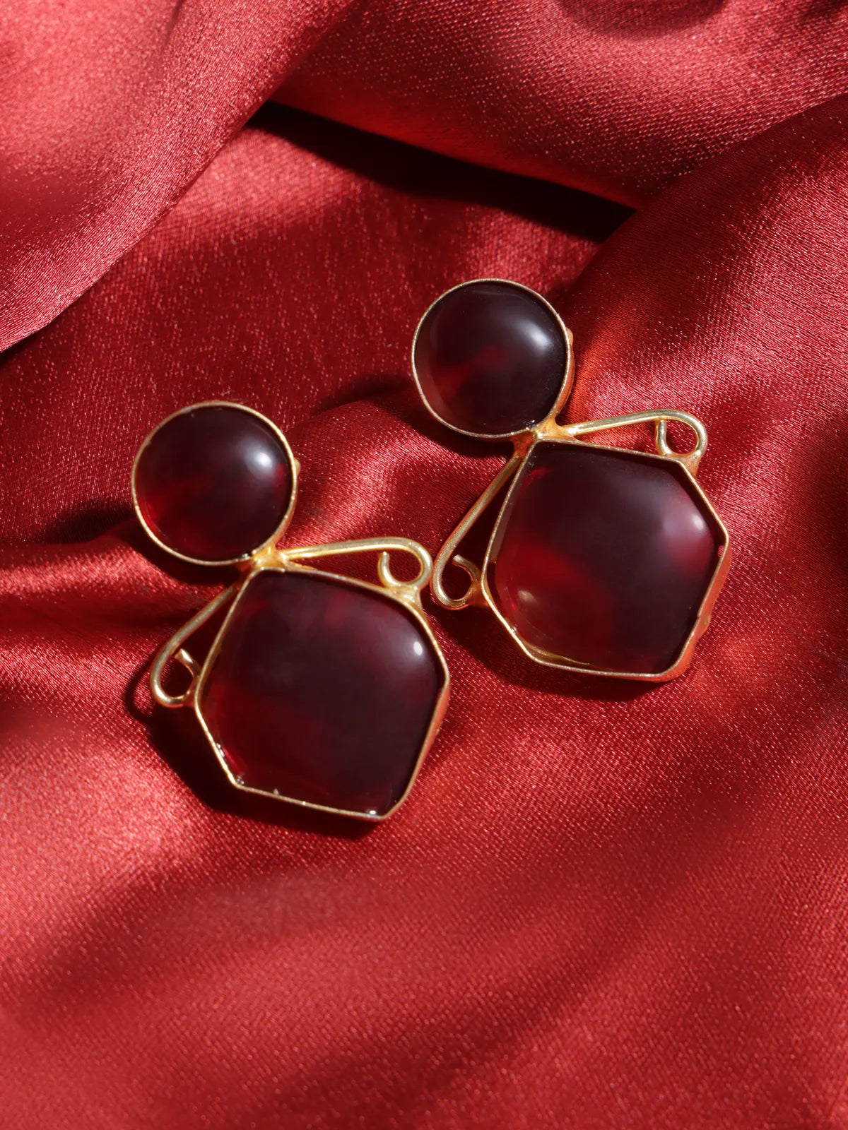 Red Geometric Stud Earrings with Gold Outline | Daily Wear Style