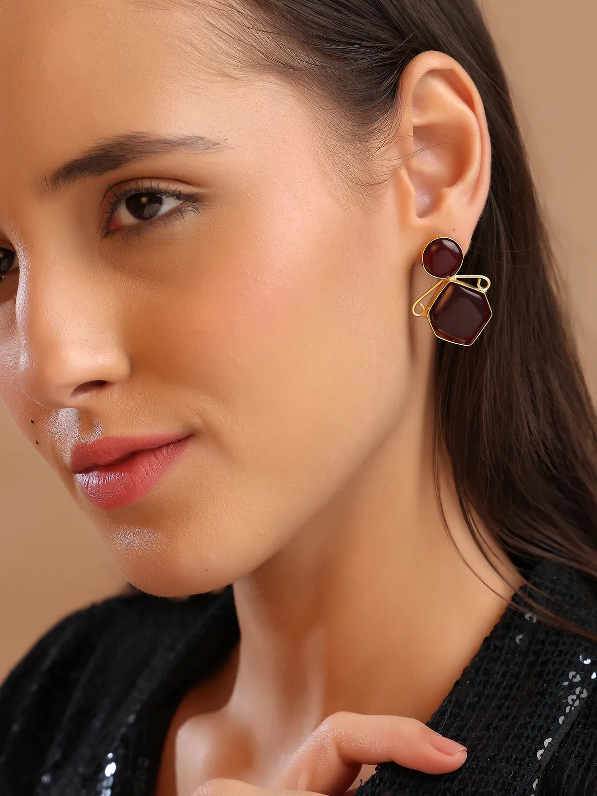 Red Geometric Stud Earrings with Gold Outline | Daily Wear Style