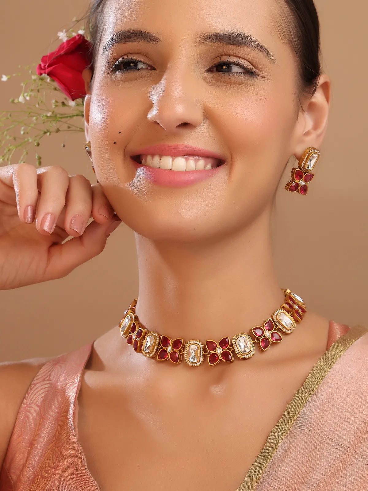 Gold Kundan Choker Set with Red Stones & Studs – Festive Wear