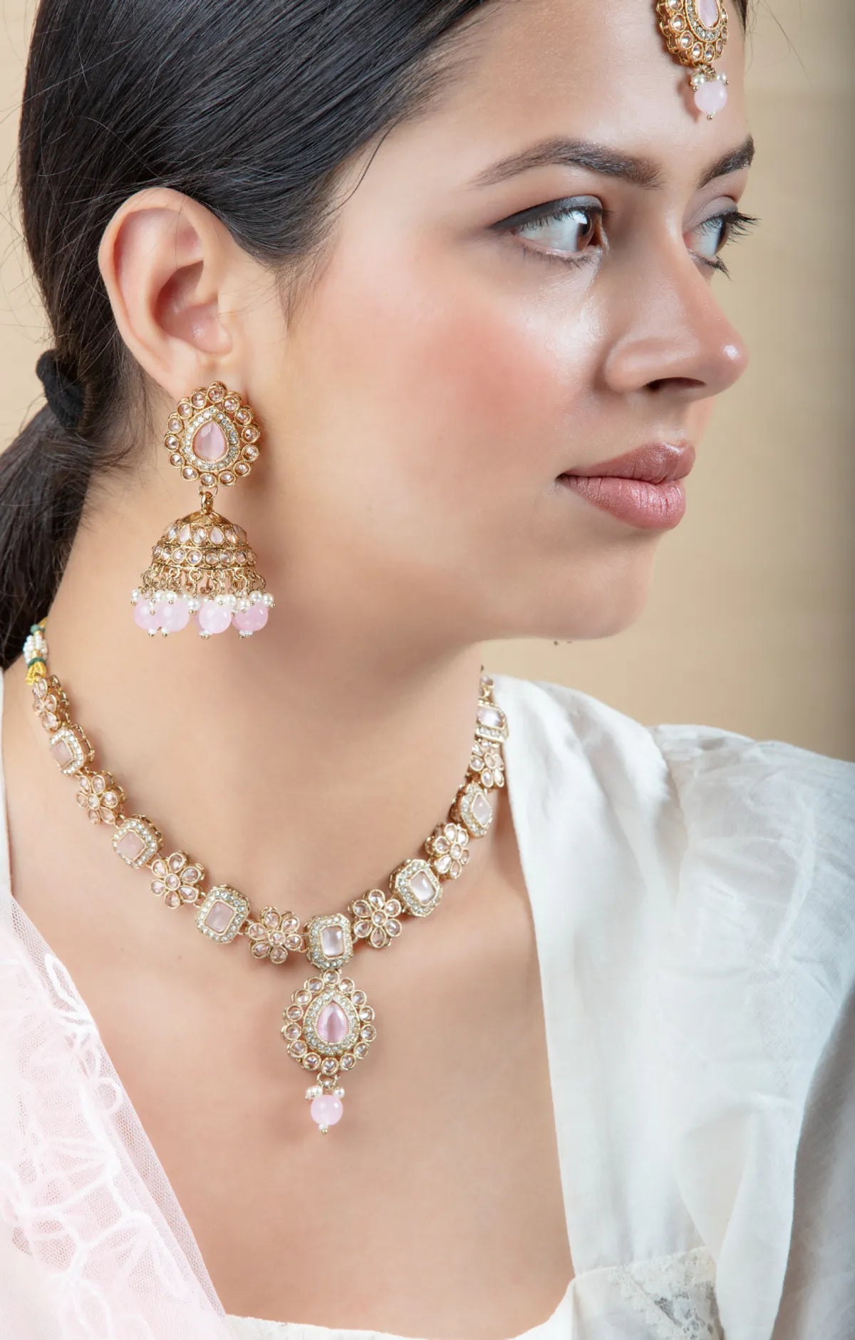 White & Golden Metal Premium Earring & Necklace Set For Women & Girls