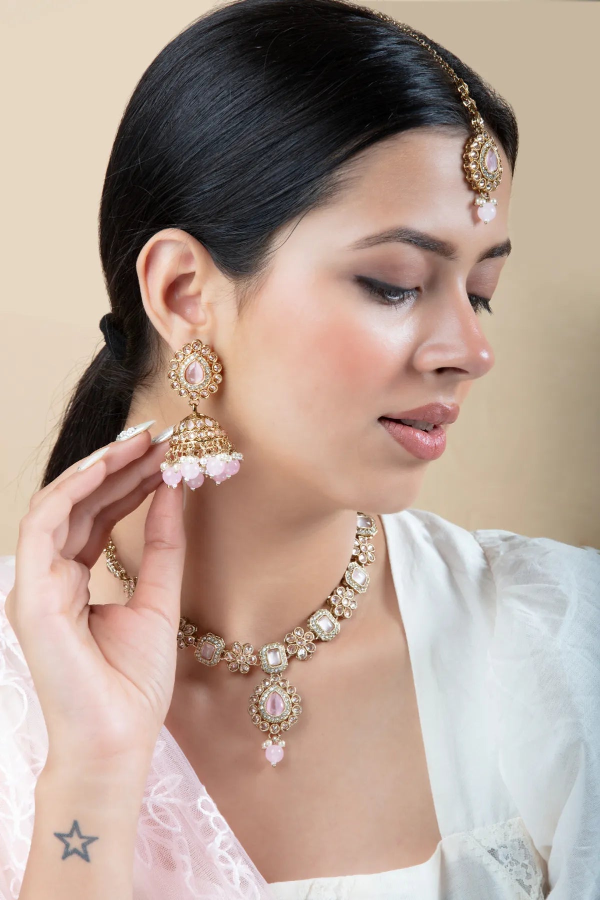 White & Golden Metal Premium Earring & Necklace Set For Women & Girls