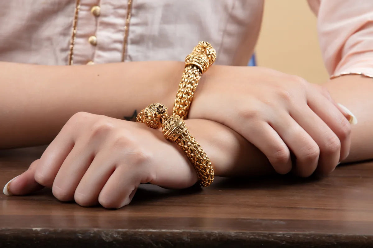 Antique Gold Broad Kada with Lion Head – Traditional Temple Style for Women