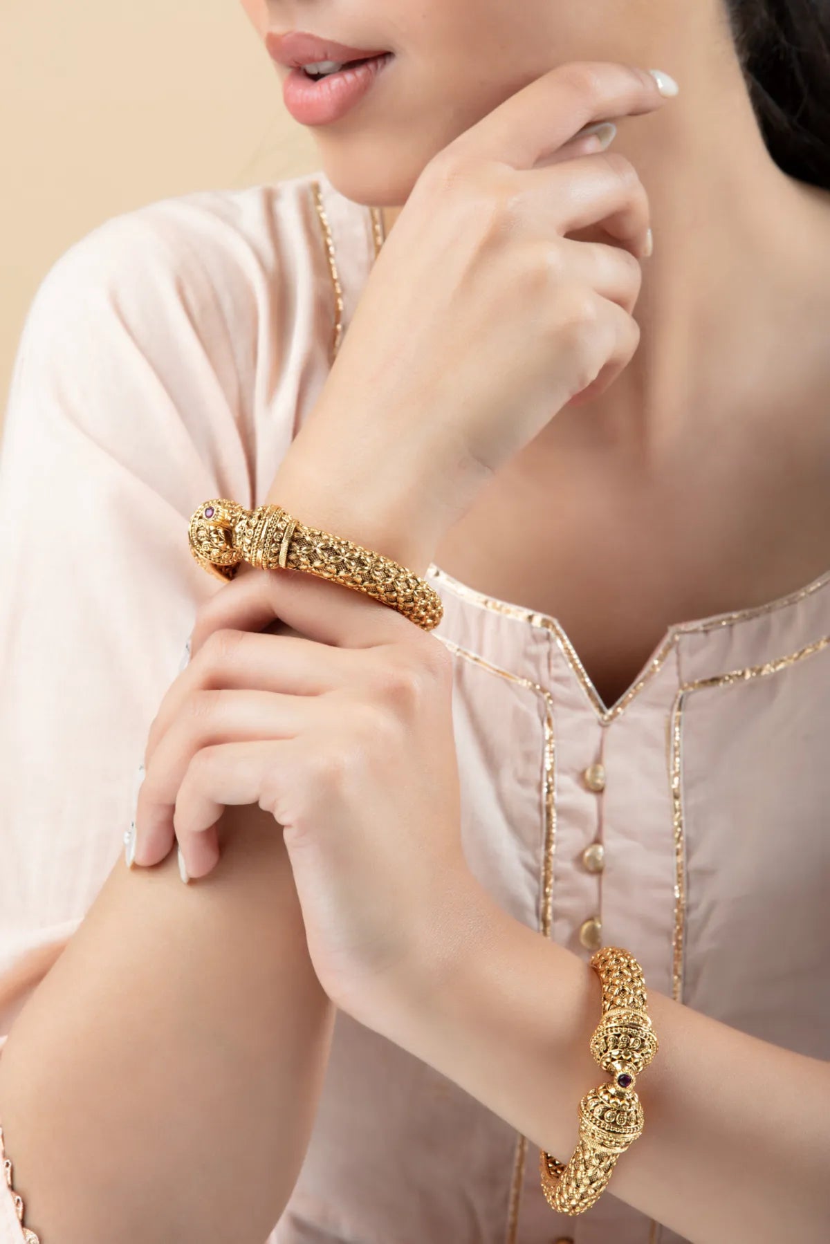 Antique Gold Broad Kada with Lion Head – Traditional Temple Style for Women