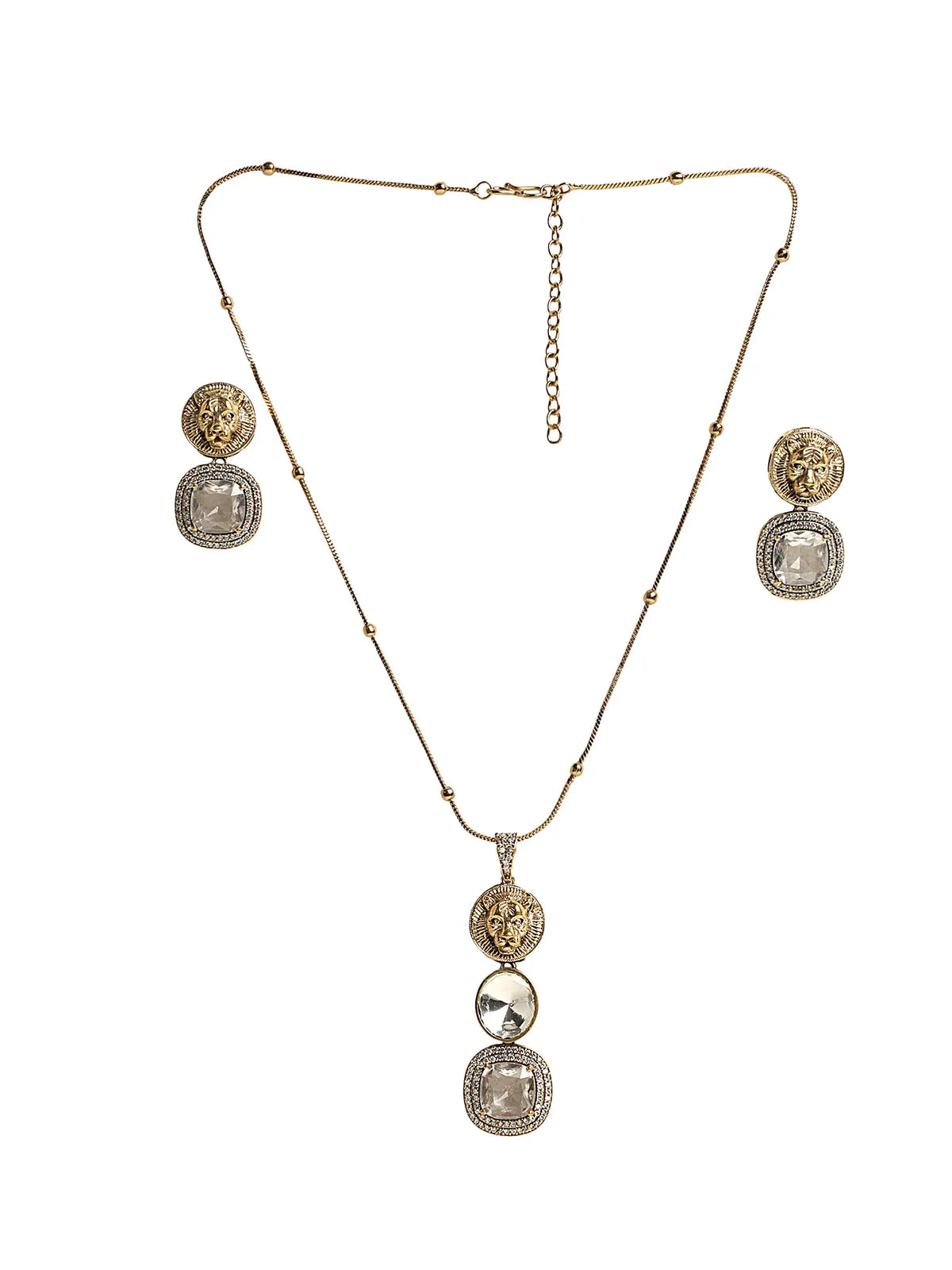 Triple Drop Mirror Pendant Set with Lion Medallion & Stud Earrings