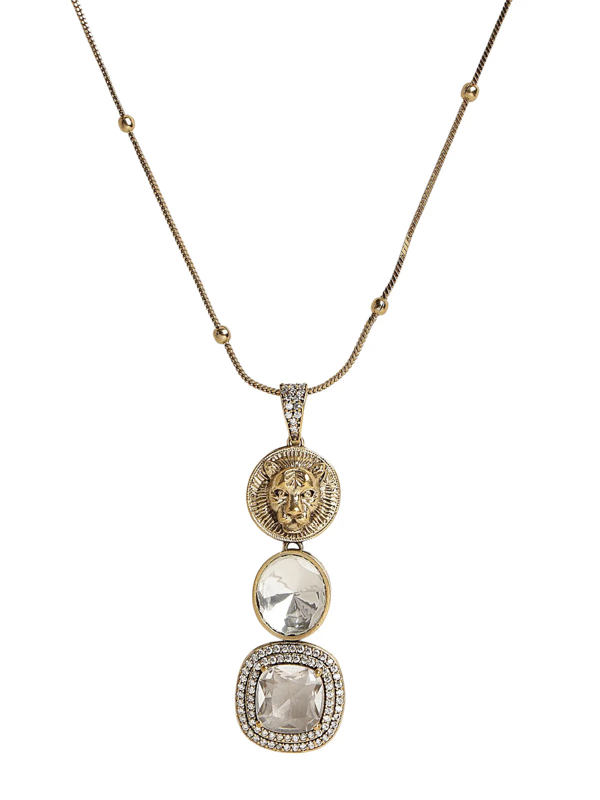 Triple Drop Mirror Pendant Set with Lion Medallion & Stud Earrings