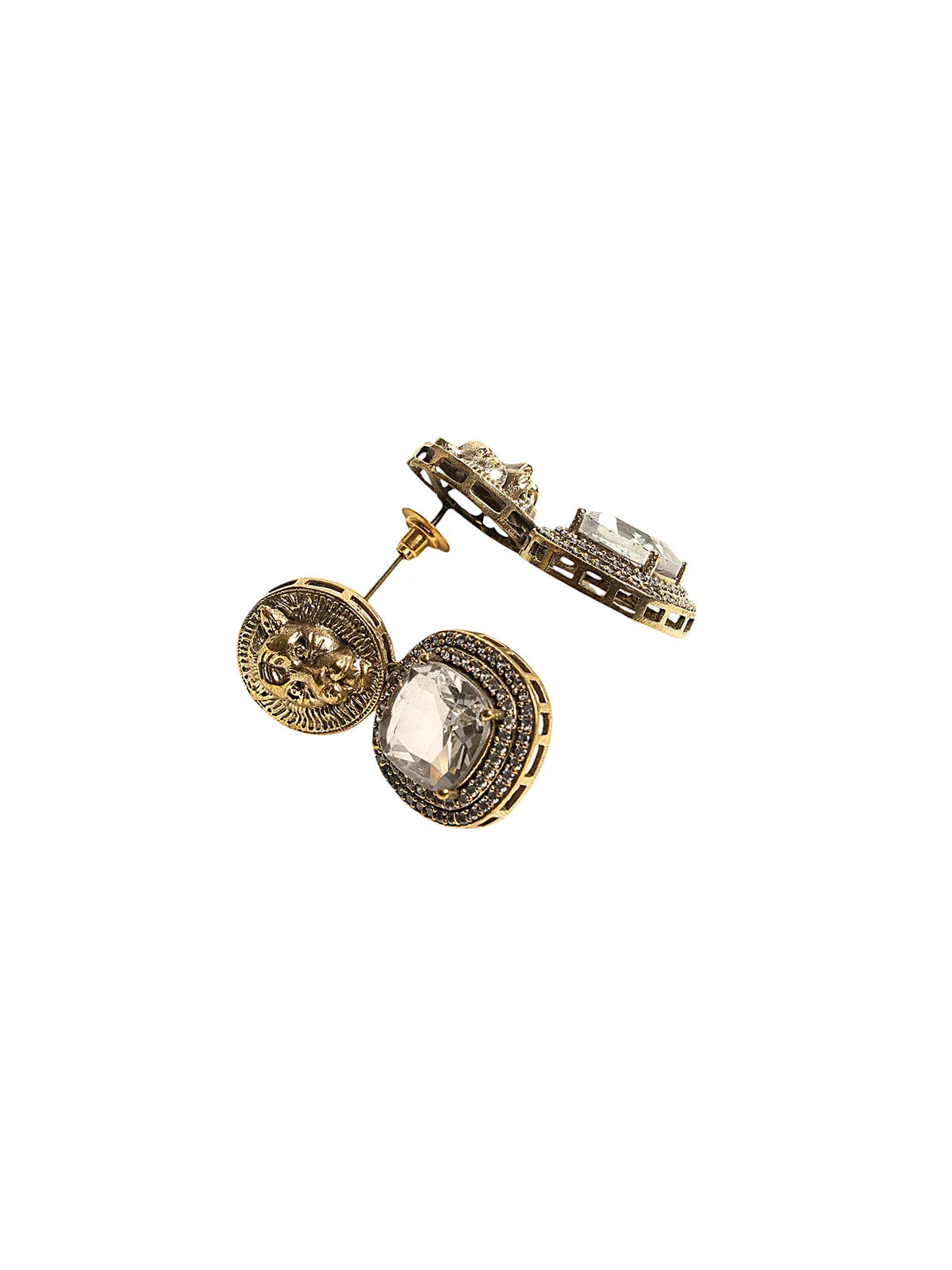 Triple Drop Mirror Pendant Set with Lion Medallion & Stud Earrings