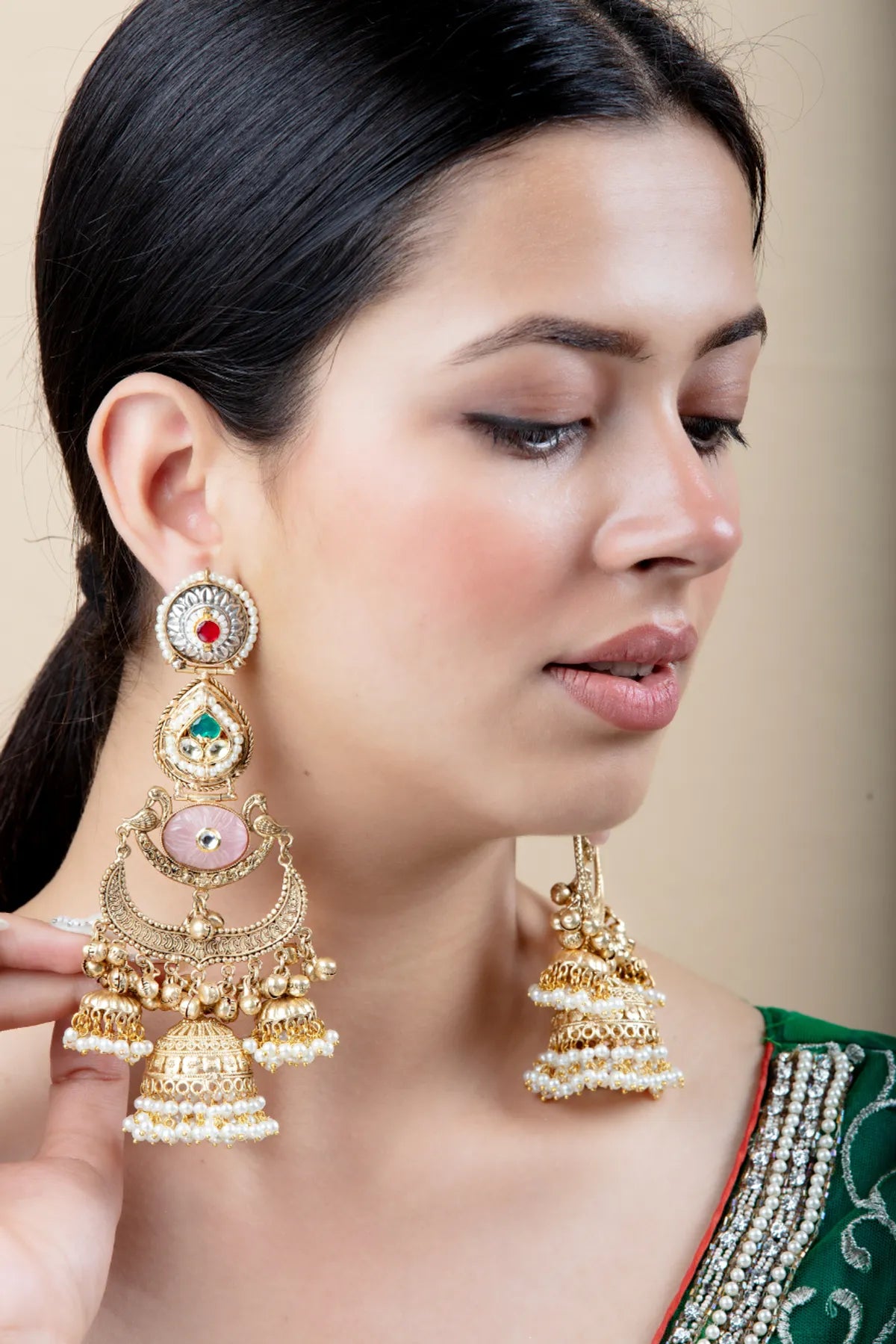 Long Golden Jhumka Earrings with Multicolor Stones and Pearl Details