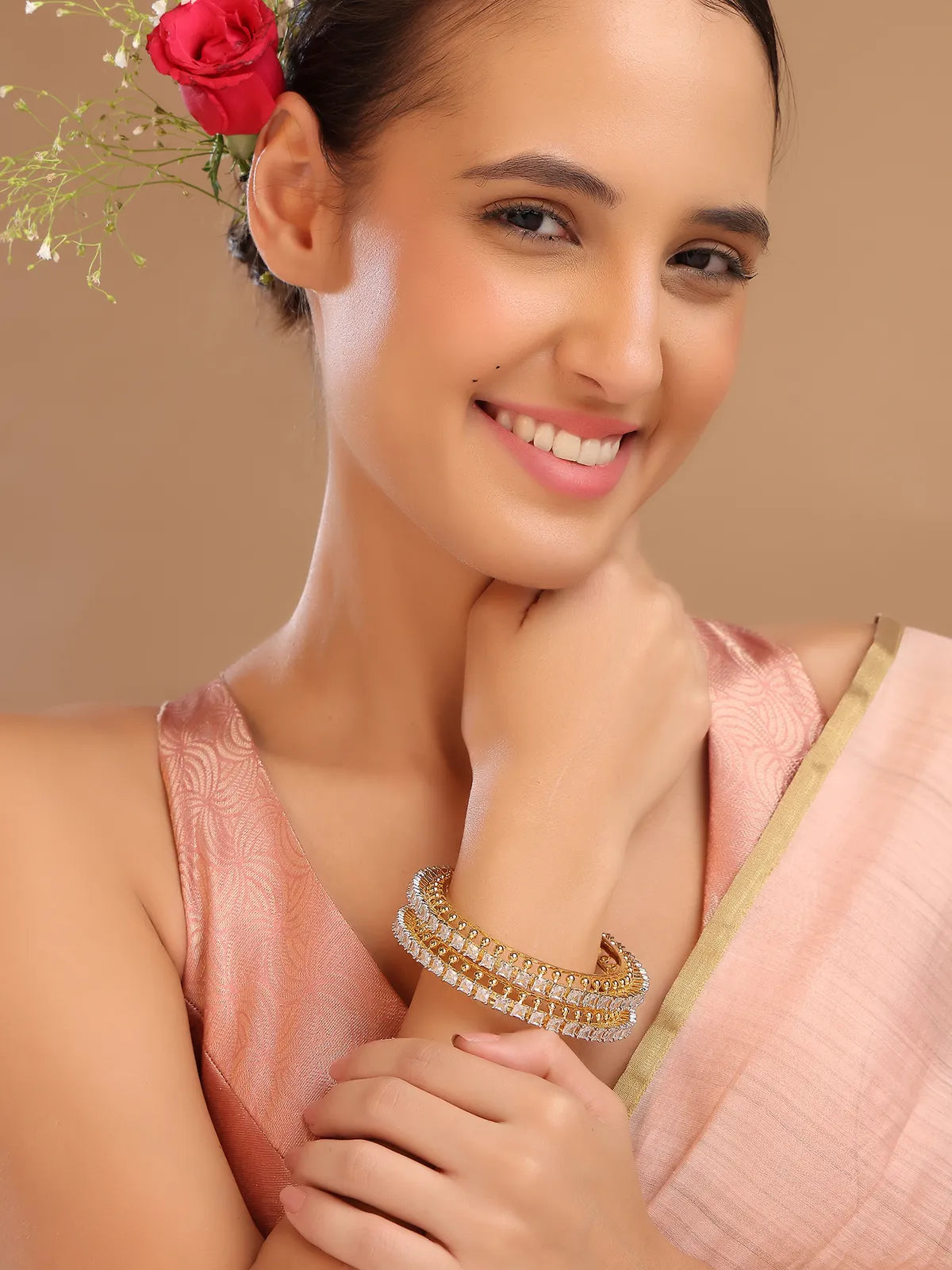 Gold-Finish Bangles with White Square Stones – Traditional Wear for Women