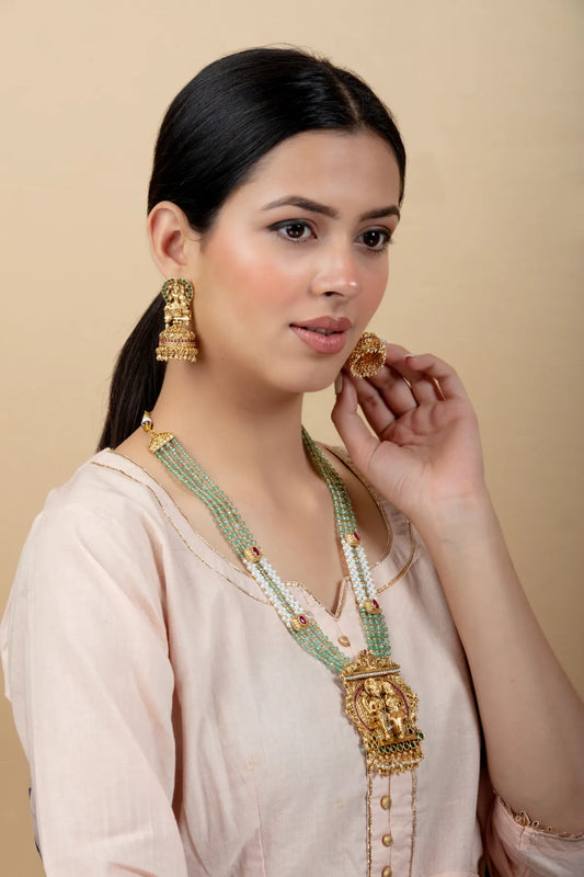 Green Beaded Temple Necklace Set with Jhumka Earrings for Women