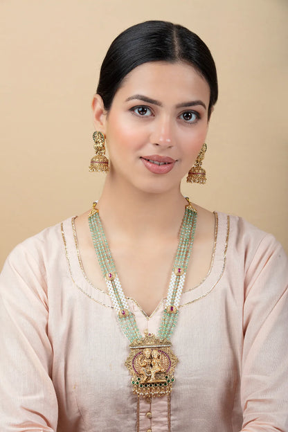 Green Beaded Temple Necklace Set with Jhumka Earrings for Women
