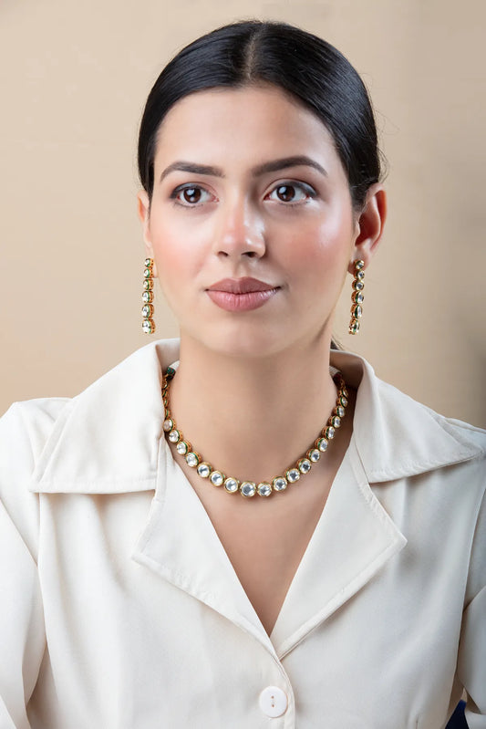 Kundan Choker Necklace Set with Long Earrings | Gold Finish Festive Jewelry
