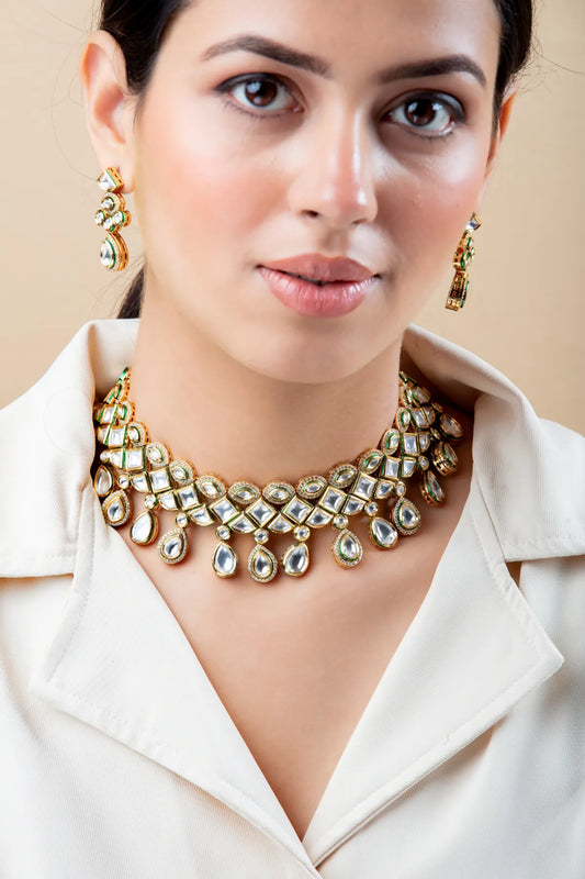 Gold-Tone Mirror Choker Necklace Set with Matching Earrings