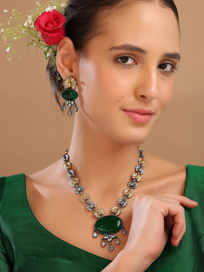 Two-Tone Floral Necklace Set with Green Pendant & Drop Earrings