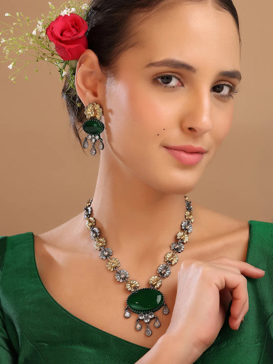 Two-Tone Floral Necklace Set with Green Pendant & Drop Earrings