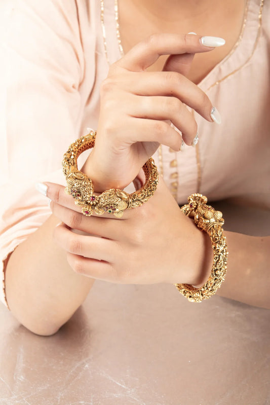 Antique Gold Peacock Kada with Floral Filigree – Bridal Bangle