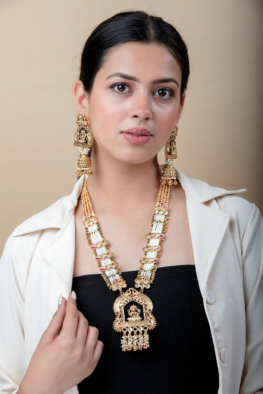 Temple Style Long Necklace Set with Lakshmi Pendant & Jhumka Earrings