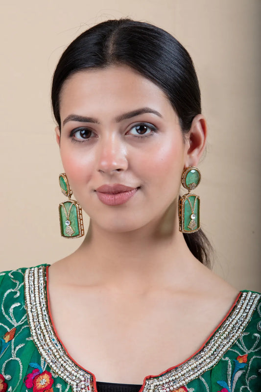 Green Drop Earrings with Stone Center & Gold Finish | Festive Wear