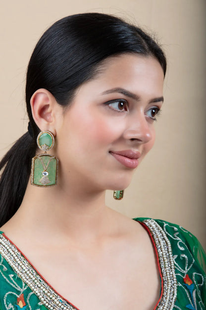 Green Drop Earrings with Stone Center & Gold Finish | Festive Wear