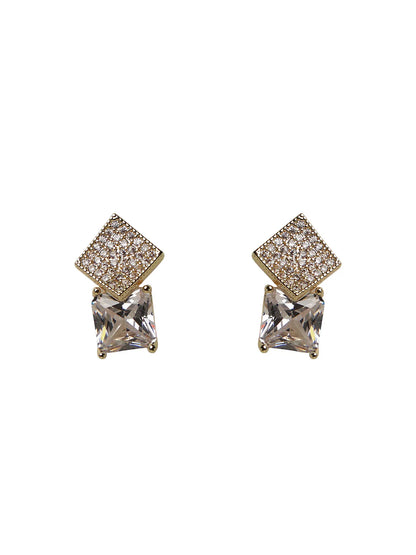 Gold-Tone Stud Earrings with Square Stone and Textured Top