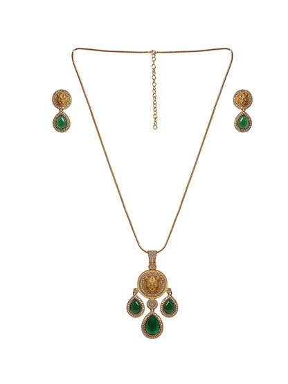 Gold-Plated Lion Pendant Set with Green Stones & Chain – With Crystal Accents