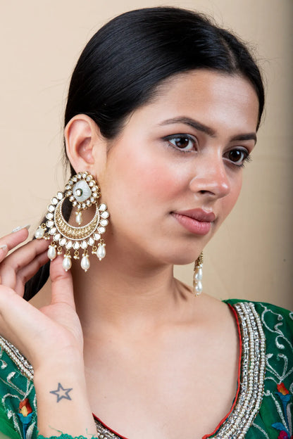 Gold Crescent Mirror Earrings with Hanging Pearls | Festive Kundan Style