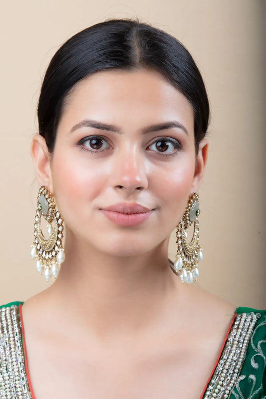 Gold Crescent Mirror Earrings with Hanging Pearls | Festive Kundan Style