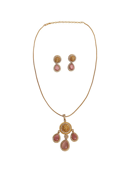 Gold Pendant with Pink Stone Drops and Lion Motif