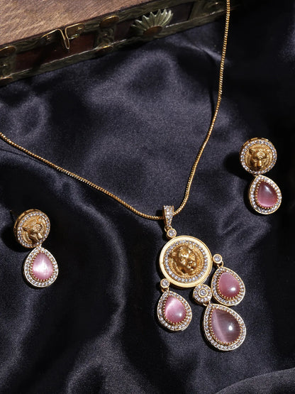 Gold Pendant with Pink Stone Drops and Lion Motif