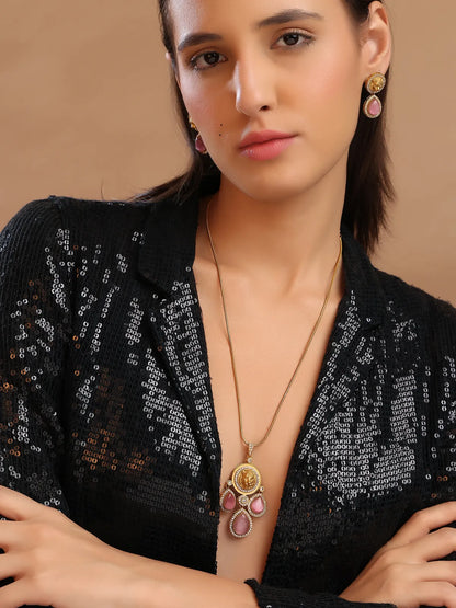Gold Pendant with Pink Stone Drops and Lion Motif